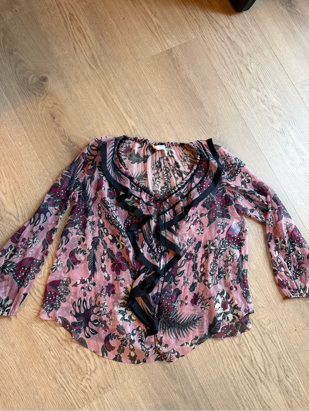 Chloé Silk Floral Ruffle Blouse Pink Black Size 38
